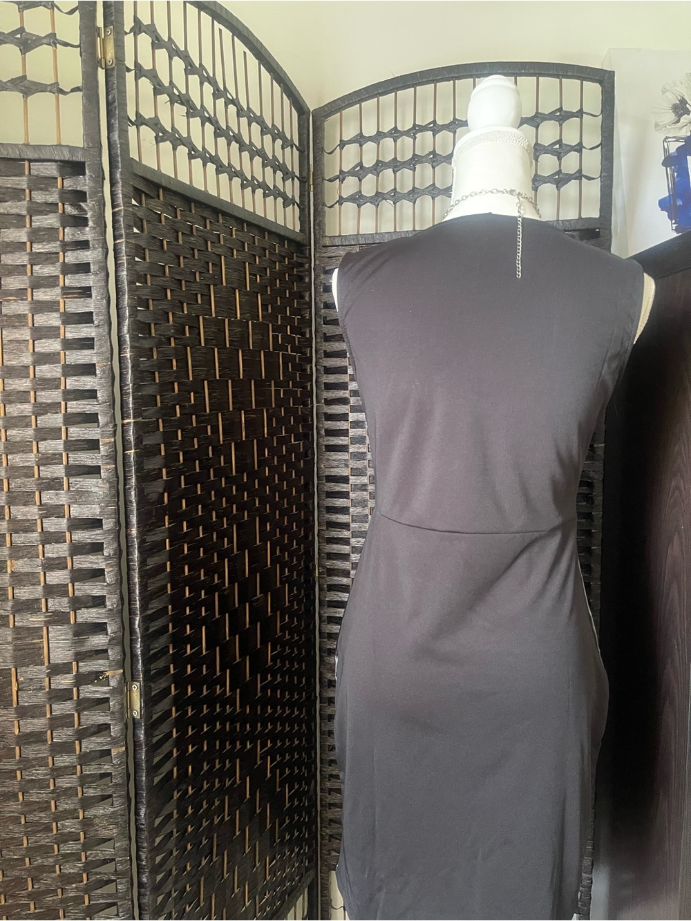 Black Sleeveless Midi Sheath Dress with Faux-Leather Panel - Picture 4 of 5